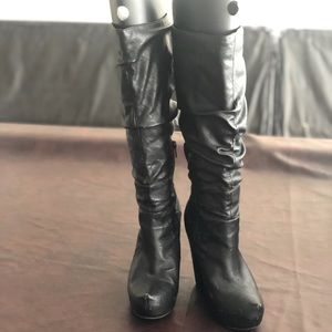 Black leather knee-high wedge heeled boots